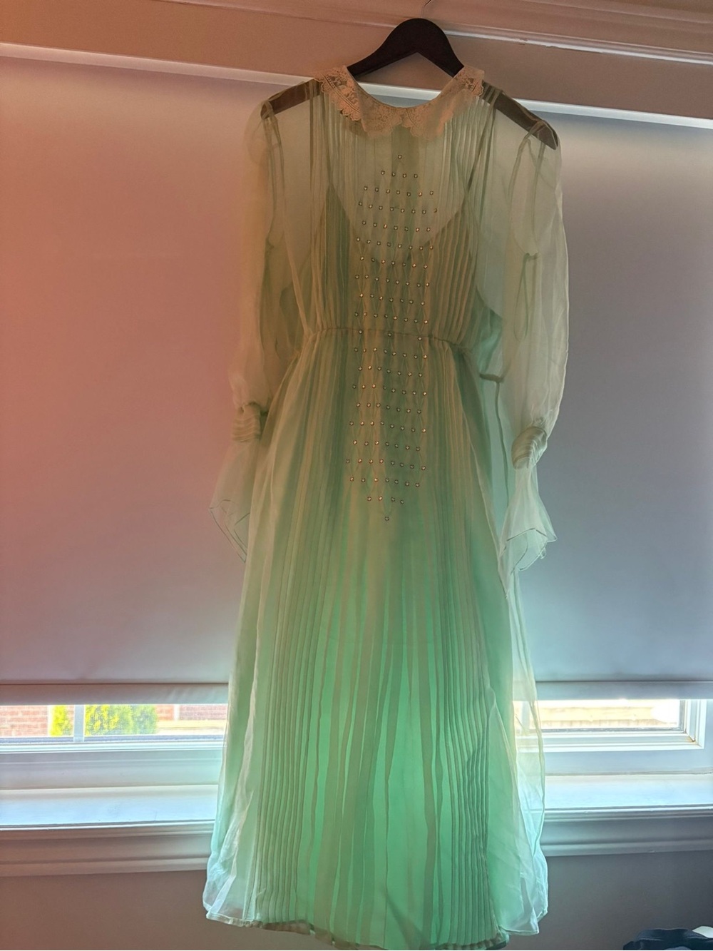 Gucci Mint Green Long-Sleeve Pleated Midi Dress with Lace Collar